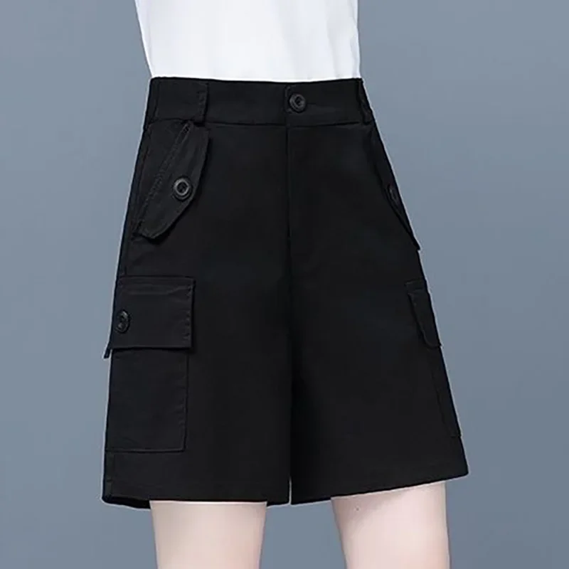 Fashion Zipper Button Pockets Solid Color Straight Cargo Shorts Female Clothing 2024 Summer New Loose High Waist Casual Shorts