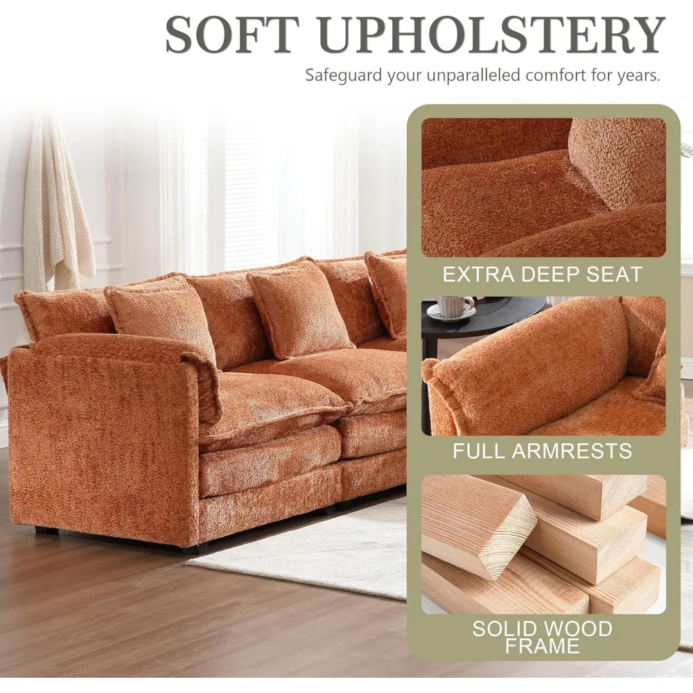 l-shape sectional sofa, 112" cloud couch with chenille upholstery, removable ottoman, and 3 pillows for living room comfort