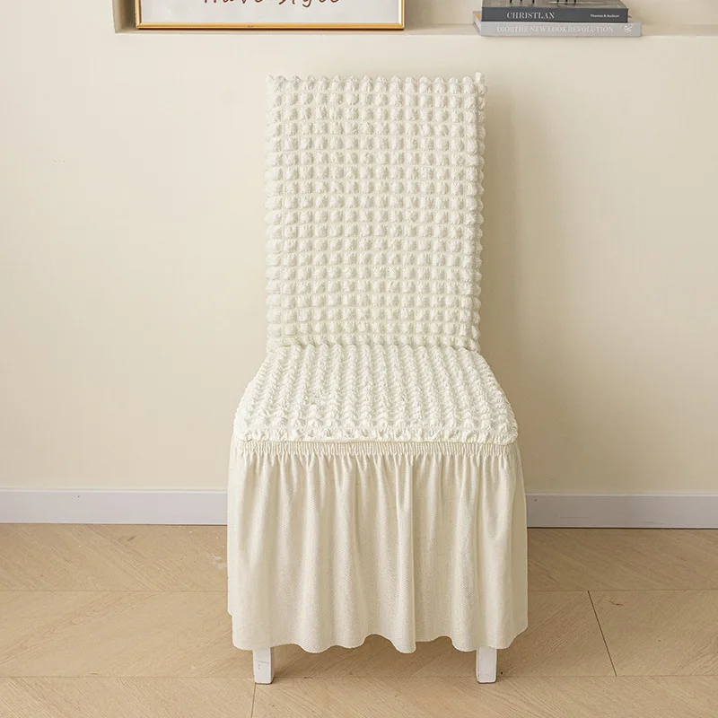 

Thick 3D Bubble Gauze Chair Cover with Lace Hem Universal Elastic Dining Chair Slipcover