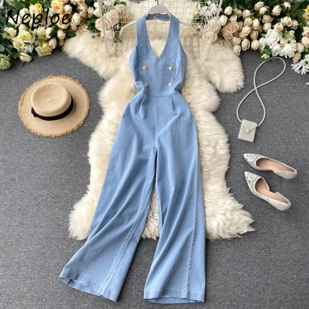 Neploe 2024 New Moda Slim Fit Bodysuit Europe Halter Sleeveless Backless High Waist Jumpsuit Wid Leg Pants Denim Elegant Romper