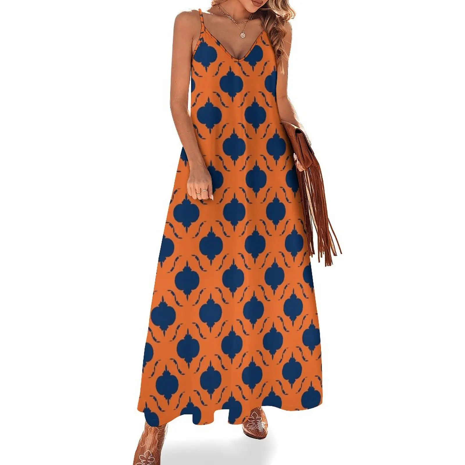 

Orange & Navy Blue Quatrefoil Pattern Sleeveless Dress dress korean style summer dresses women 2025