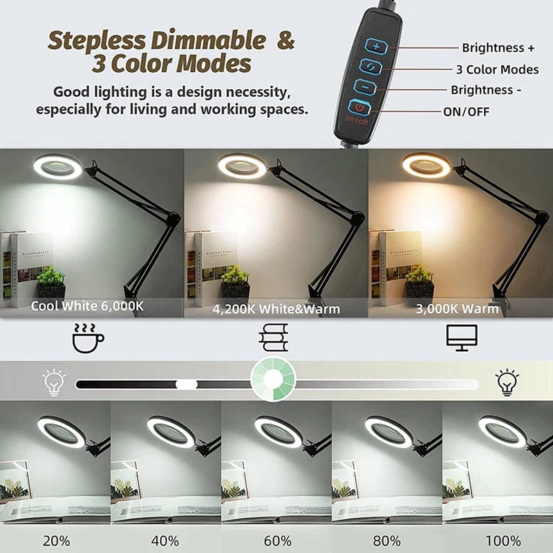 2X Magnifying Glass With Light And Bracket,3 Color Modes Stepless Dimmable LED Desk Lamp, Used For Reading And Repairing CNIM Ho