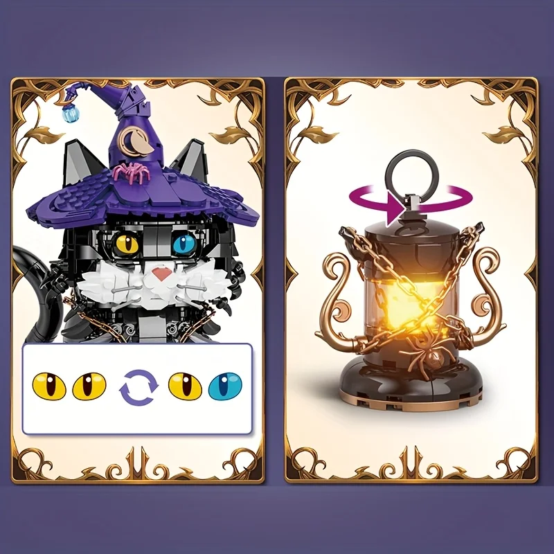 1128-teiliges Magic Cat-Baustein-Set, kreatives Tiermodell, bezauberndes Sammlerstück, mit lila Hexenhut und kleinem Laternenzubehör, Ausstellungsmodell für Fantasy-Enthusiasten, perfektes Geschenk für Männer und Frauen, die Katzen lieben