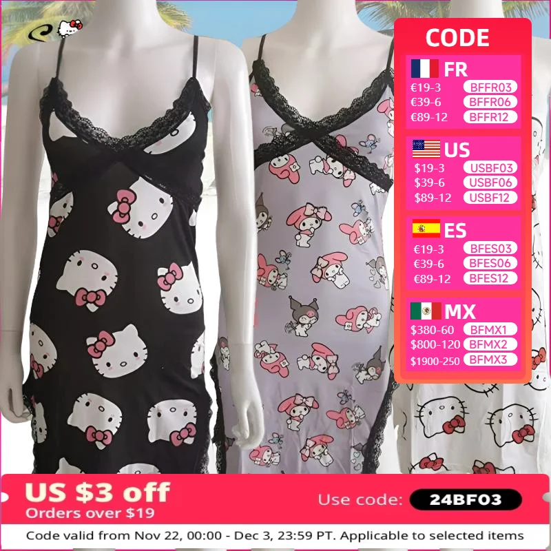 Hello Kitty Nightdress Cartoon Print Ladies' Nightgowns Summer Women's Camisole Pajamas Sanrio Casual Comfortable Homewear