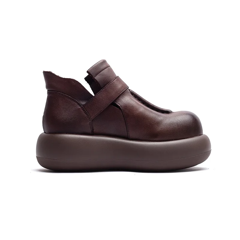 DRKANOL Women Chunky Platform Ankle Boots Handmade Retro Style Big Toe Genuine Cow Leather Wedges Heel Height Increasing Boots