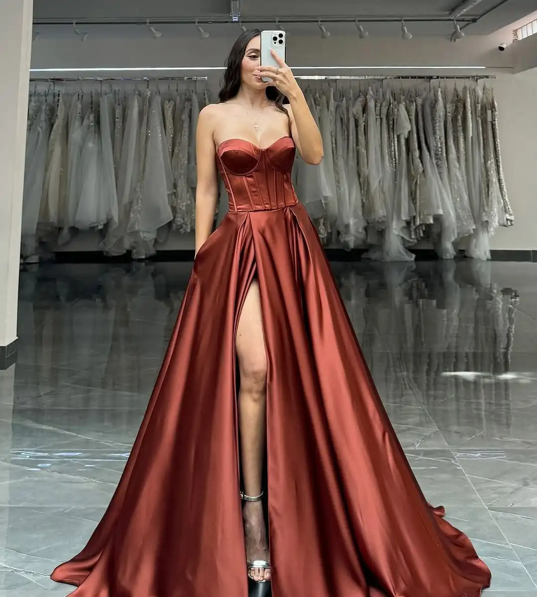 

Customized High Quality Satin A-Line Evening Dresses Strapless Sleeveless Panel Train Special Occasion Gowns Temperament