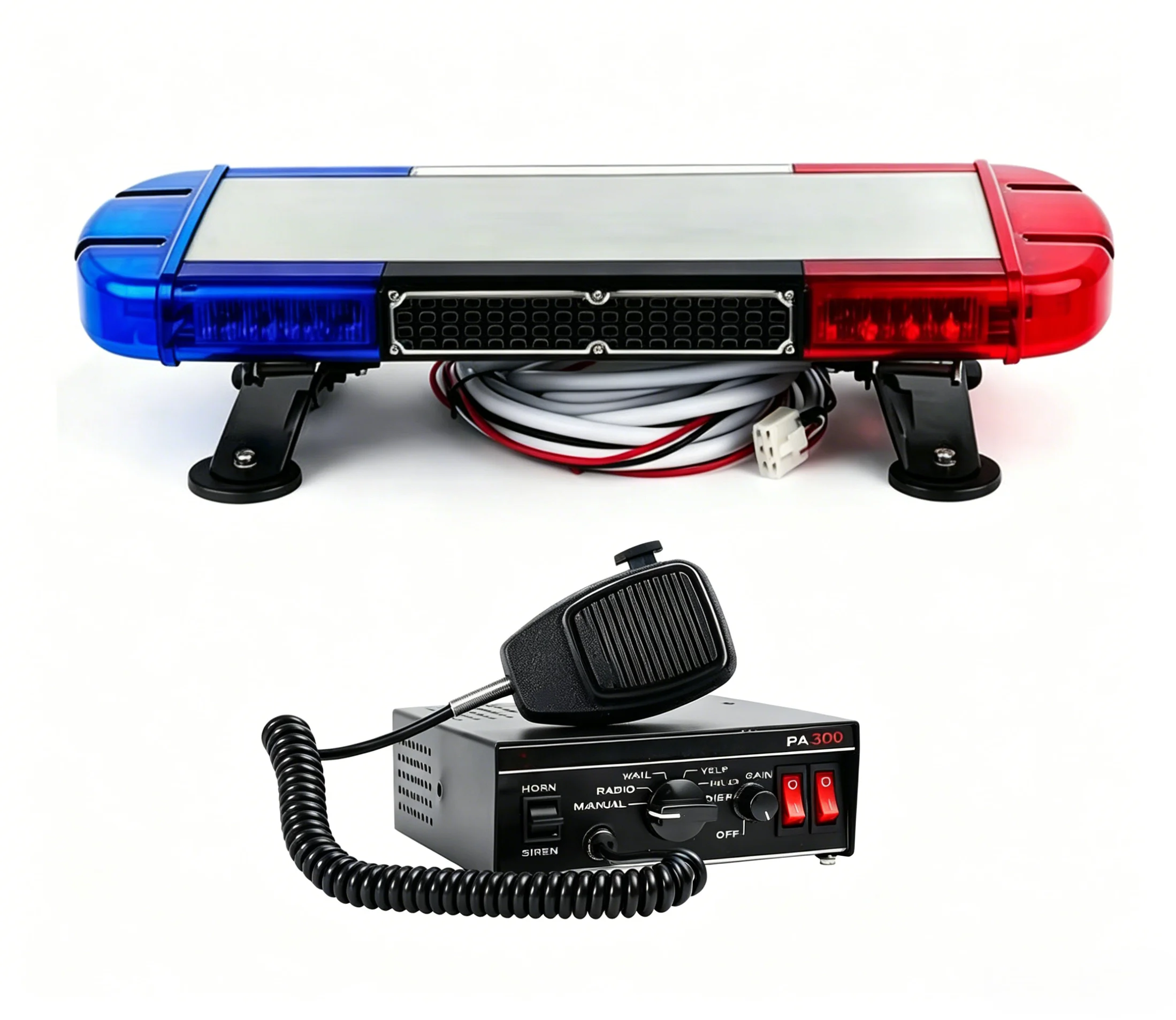 60cm 32W Led Traffic Strobe Light Emergency Vehicle Warning Light bar with 100W 7 Tones PA300 Siren Alarm Amplifier,waterproof
