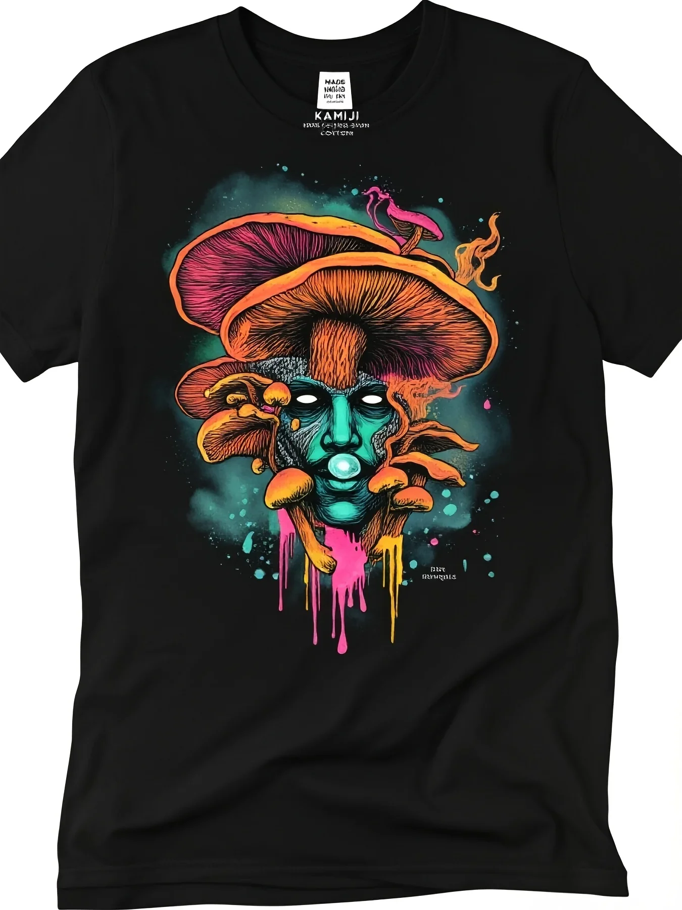 Men's LooseFitting Black Streetwear TShirt Showcasing a Vibrant Neon Green And Pink Mushroom Graphic Crafted from Sm Heavyweight Material This Casual Round Neck Tee Is Ideal for DaiRetro Casual Short-sleeved T-shirt with a Round Neck and Printed