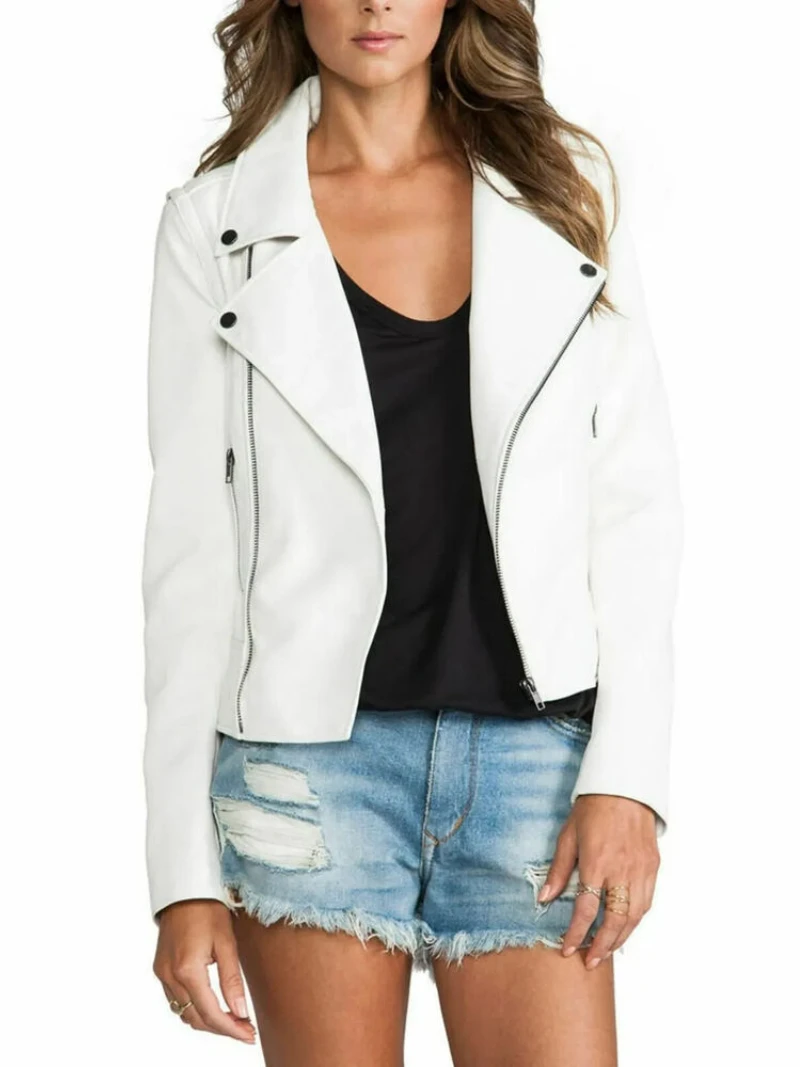 White Leather Jacket for Women Biker Jacket Leather Cropped Coat