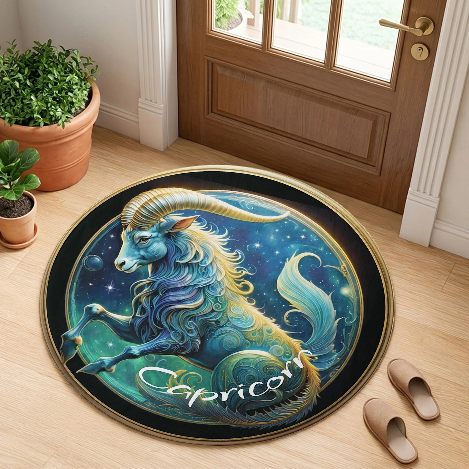 Capricorn Constellation Zodiac Sign Sea Goat Starry Sky Gold Border Pattern Holiday Luxury Round Mat Area Rug Home Decor