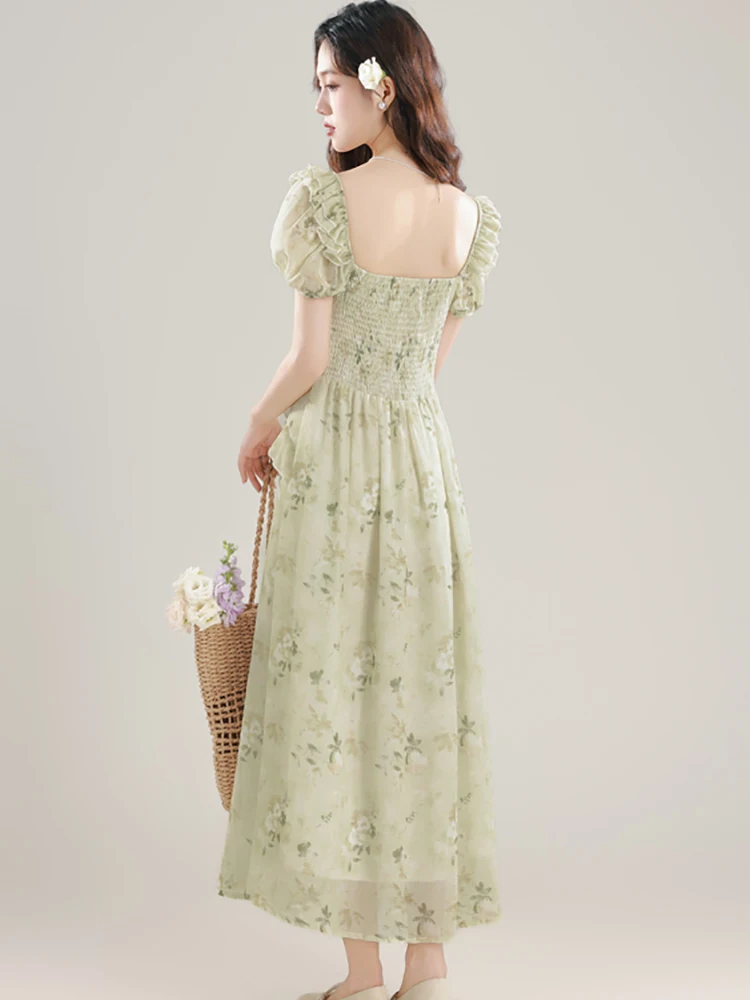 Zomer Groene Bloemen Chic Diamons Ruches Jurk Vrouwen Bladerdeeg Mouw Vierkante Kraag Casual Jurk 2023 Koreaanse Mode Bodycon Vestidos