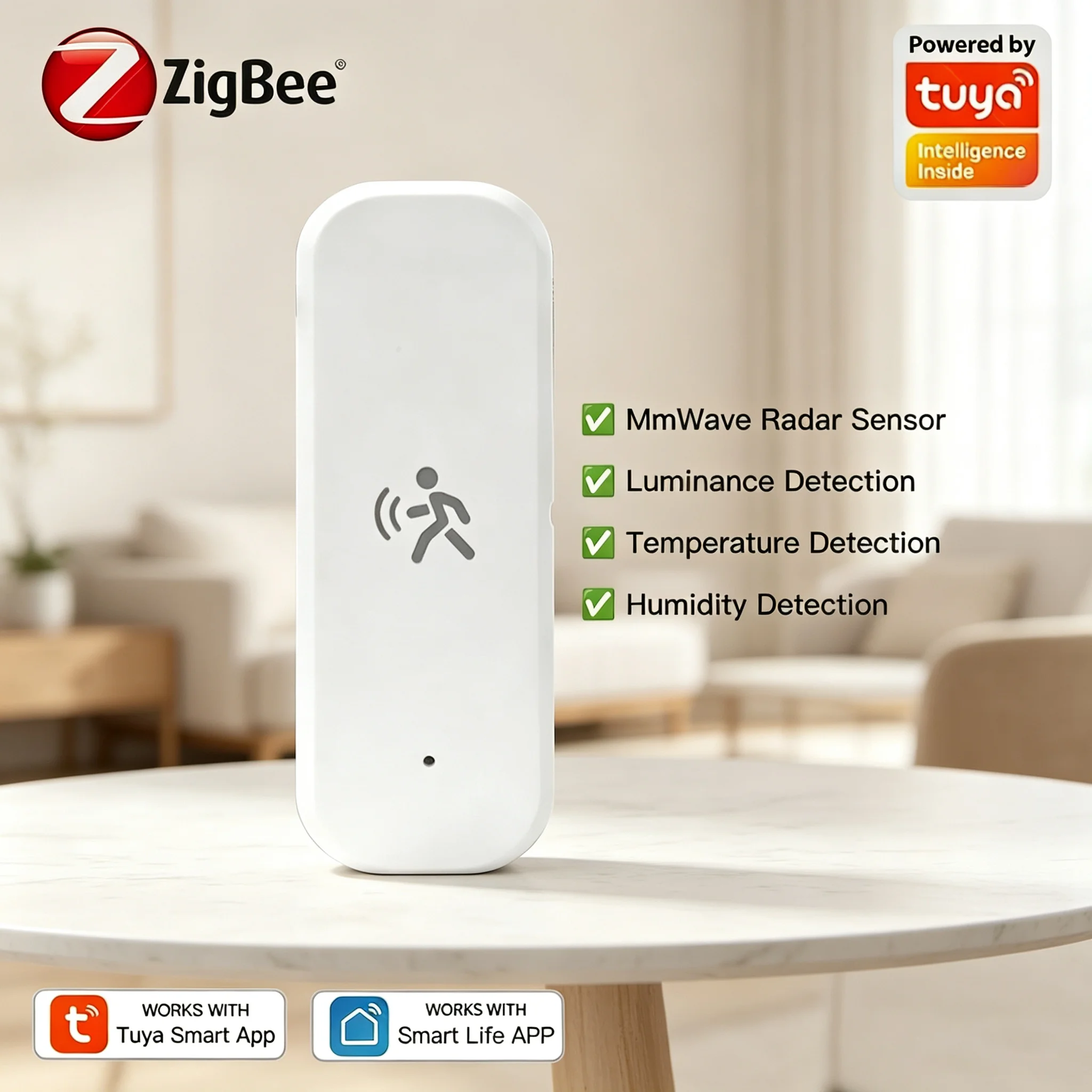 Tuya Zigbee 10G MmWave Radar Bewegungssensor 4-in-1 Personendetektor mit Helligkeits-, Temperatur- und Feuchtigkeitsmessung für Smart Home