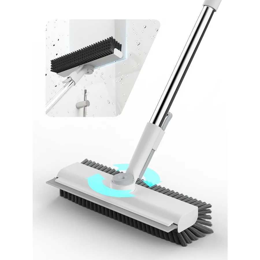 Cepillo para fregar suelos con mango largo, raspar 3 en 1 y cerdas rígidas de alta resistencia, cepillo para fregar suelos con escobilla de goma y pinzas para
