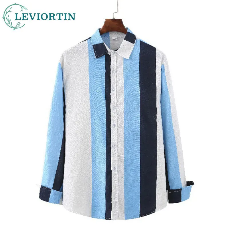 Men's 2025 new autumn shirt Japanese style fashionable casual versatile blue and white striped long sleeved lapel shirt LR-111