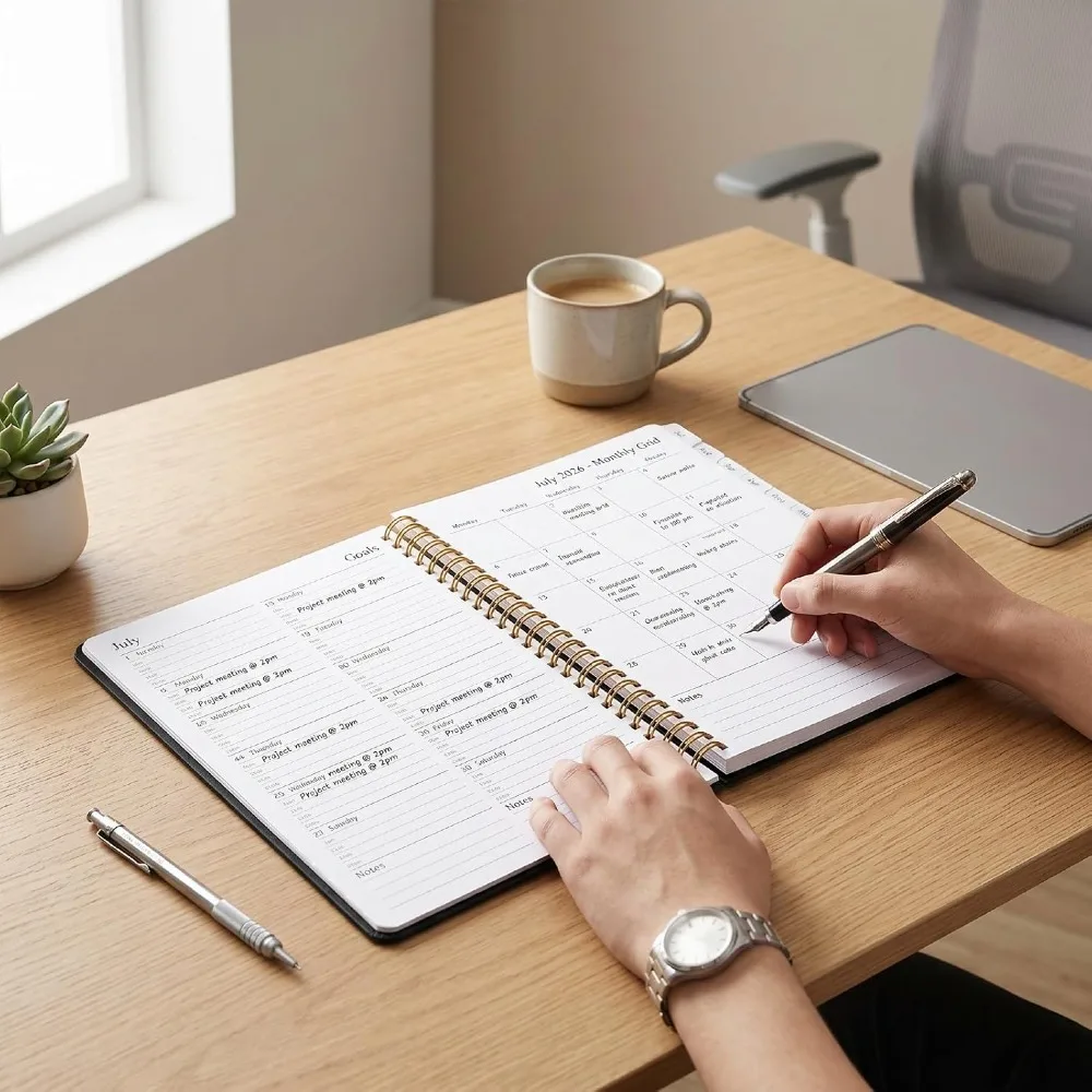 A5 A5 Size Yearly Planner Coil Binding Hard Cover Coil Notebook Paper Sheets Index Tabs Weekly Monthly Agenda Goal Tracking