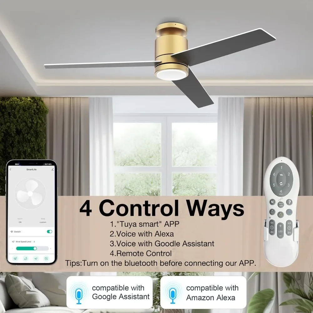 52 inch intelligent embedded ceiling fan with remote control light, quiet DC motor, outdoor and indoor slim ceiling fan,