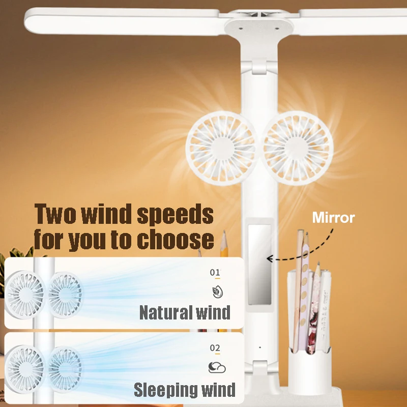 Multifuncional LED Desk Lâmpadas com Ventilador, Dimmable Eye Protection, Book Light, Double-Headed, Foldable Table Lamp, Estudo, Escritório, Cabeceira