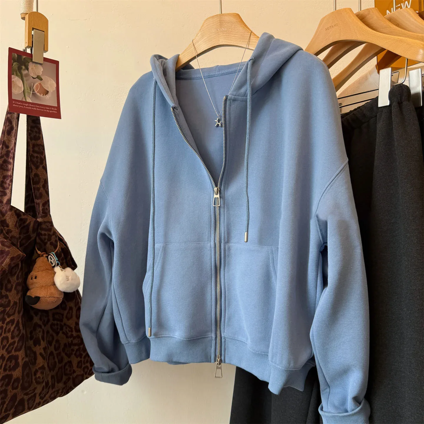 Autumn women's casual solid color loose and versatile cardigan hooded sweatshirt