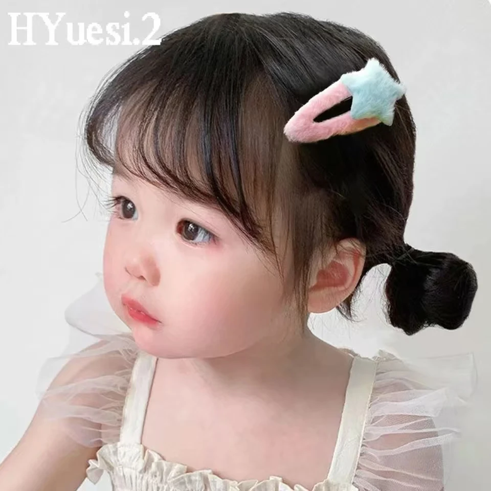 Winter Plush Star Shaped Hair Clips Barrettes Candy Color Side Bangs Snap BB Hairpin Simple Children Headwear