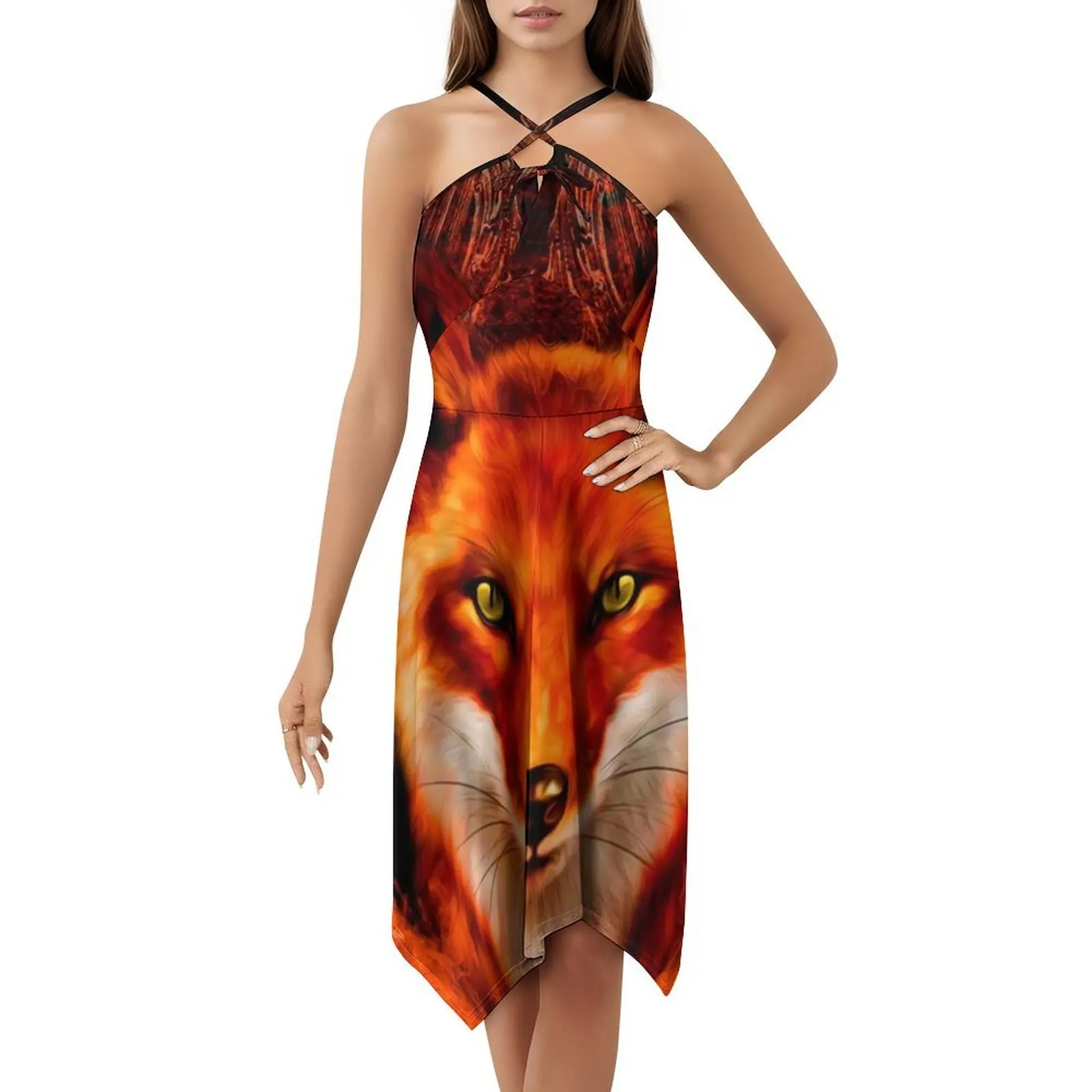 فستان ريد فاير فوكس بوهيمي بدون أكمام متعدد الطباعة لقضاء العطلات على الشاطئ فستان حفلات خلفية ثعلب نمط سلس كارتوني نسائي