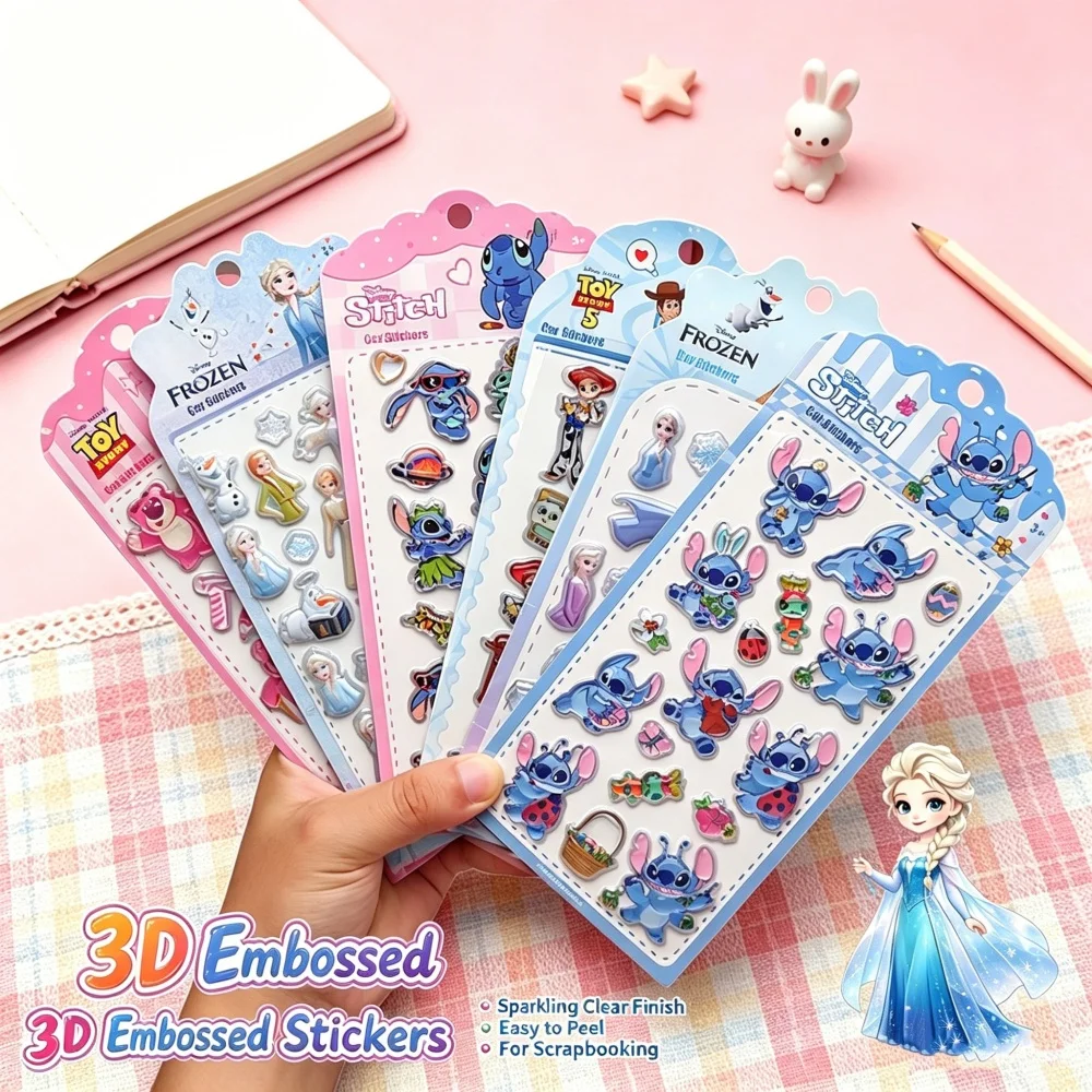 Genuine Disney Stitch Frozen 3D Relief Stickers Anime Toy Story Transparent Crystal Decor Sticker For Phone Case Luggage Gifts