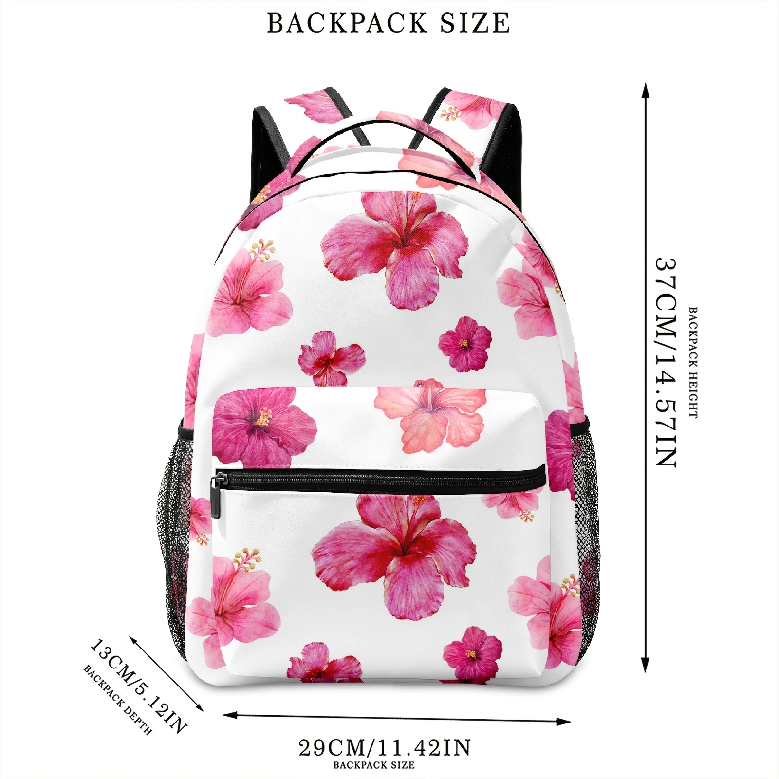 1pc Personalized Fashion Design, Full Print Rose-Colored Hibiscus Backpack, Fresh Natural Floral Pattern, Practical