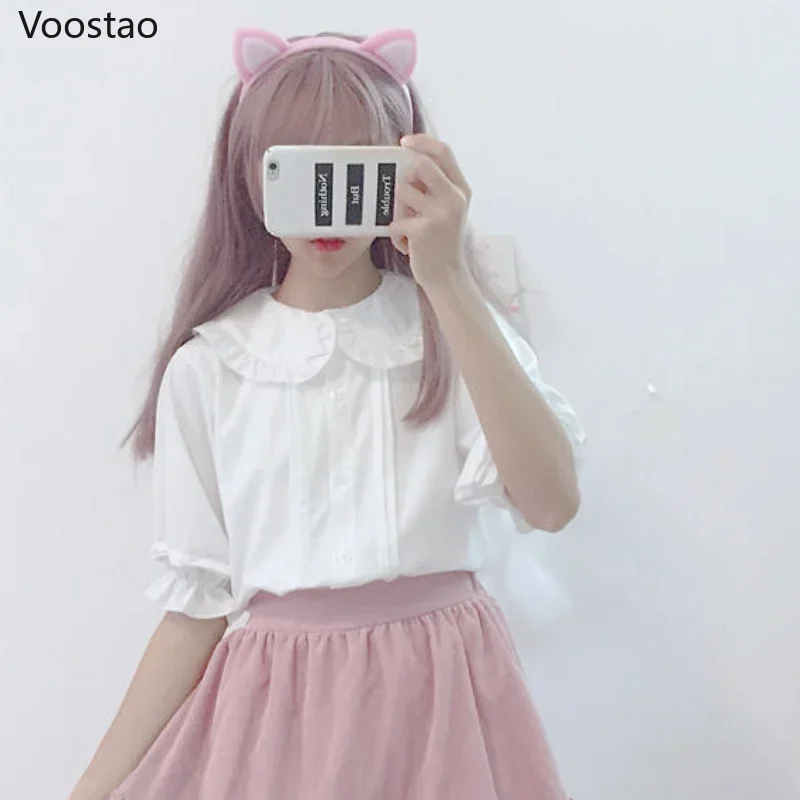 White Lolita Shirt Kawaii Peter Pan Collar Preppy Style Chic Blouses Women Sweet Ruffles Short Sleeve Tops Girly Fashion Clothes