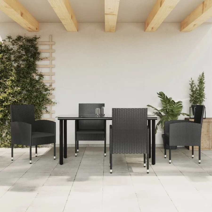 

Garden Dining Set Black PE rattan Steel Tempered Glass Medium