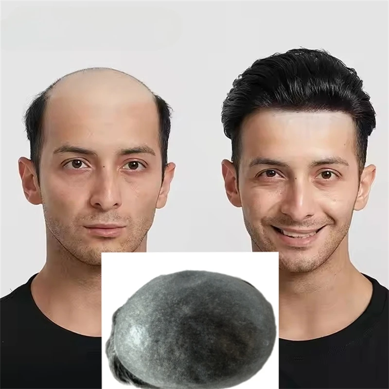 Peruca de cabelo curto masculino, sistema de substituição preto natural, base completa de pu, pele fina, 100% cabelo humano real, peruca para homens