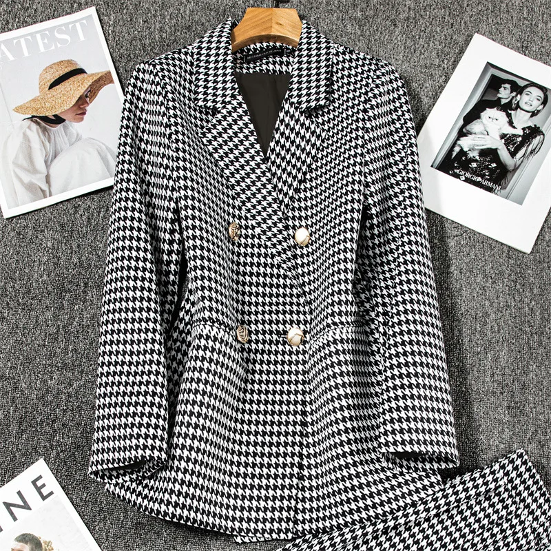 

Women Fashion Double Breasted Houndstooth Blazer Coat 2025 Vintage Long Sleeve New In Casual Female Jaacket Outwear
