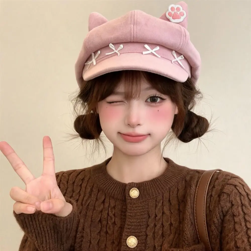 Fashion Embroidery Cat Ears Beret Y2K Claw Pattern Painter Artist Cap Spice Girl Bow Suede Octagonal Hat Travel 3