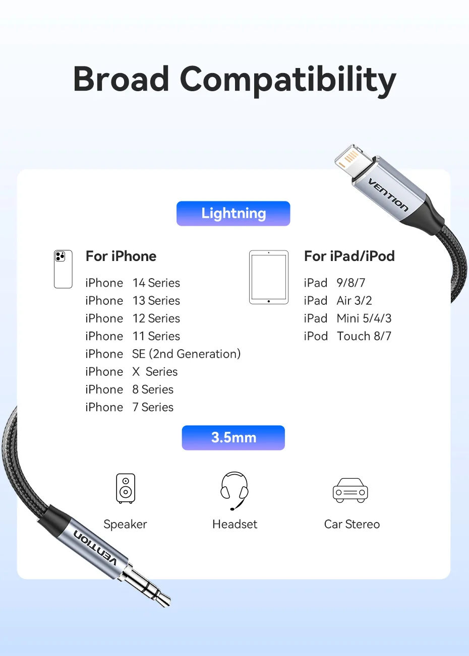 Vention Audio-Adapter für Lightning auf 3,5 mm Kopfhörer-Adapter, DAC-Audio-Musikkabel für iPhone 14, 12 Pro Max, Xr, Aux-Kabel, Telefon – Detail 12