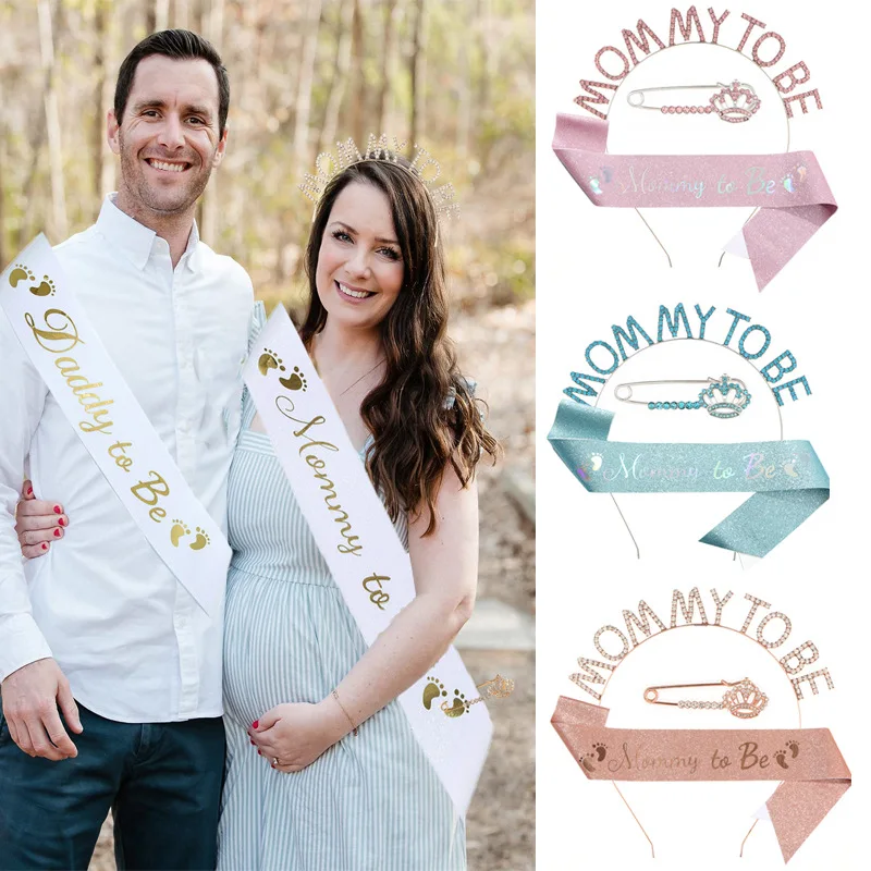 3Pcs Expectant Mother Father Party Baby Shower Mummy To Be Headband Shoulder Band Brooch Suit Gender Disclosure Etiquette Belt