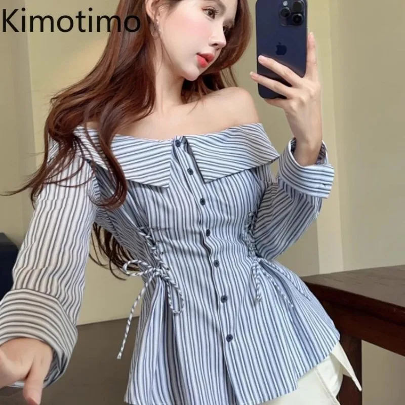 Kimotimo Y2k Shirts Women Stripe Slash Neck Bandage Waist Slim Long Sleeve Tops Korean Fashion Versatile Button Up Blouse Camisa