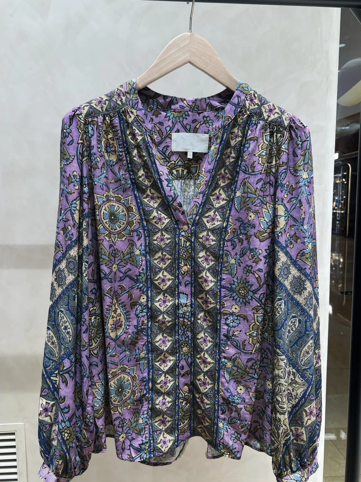 Heidd Bohemian Print Loose Long Sleeve V-Neck Purple Shirt Women's Elegant Style Comfortable Breathable Summer Fashion