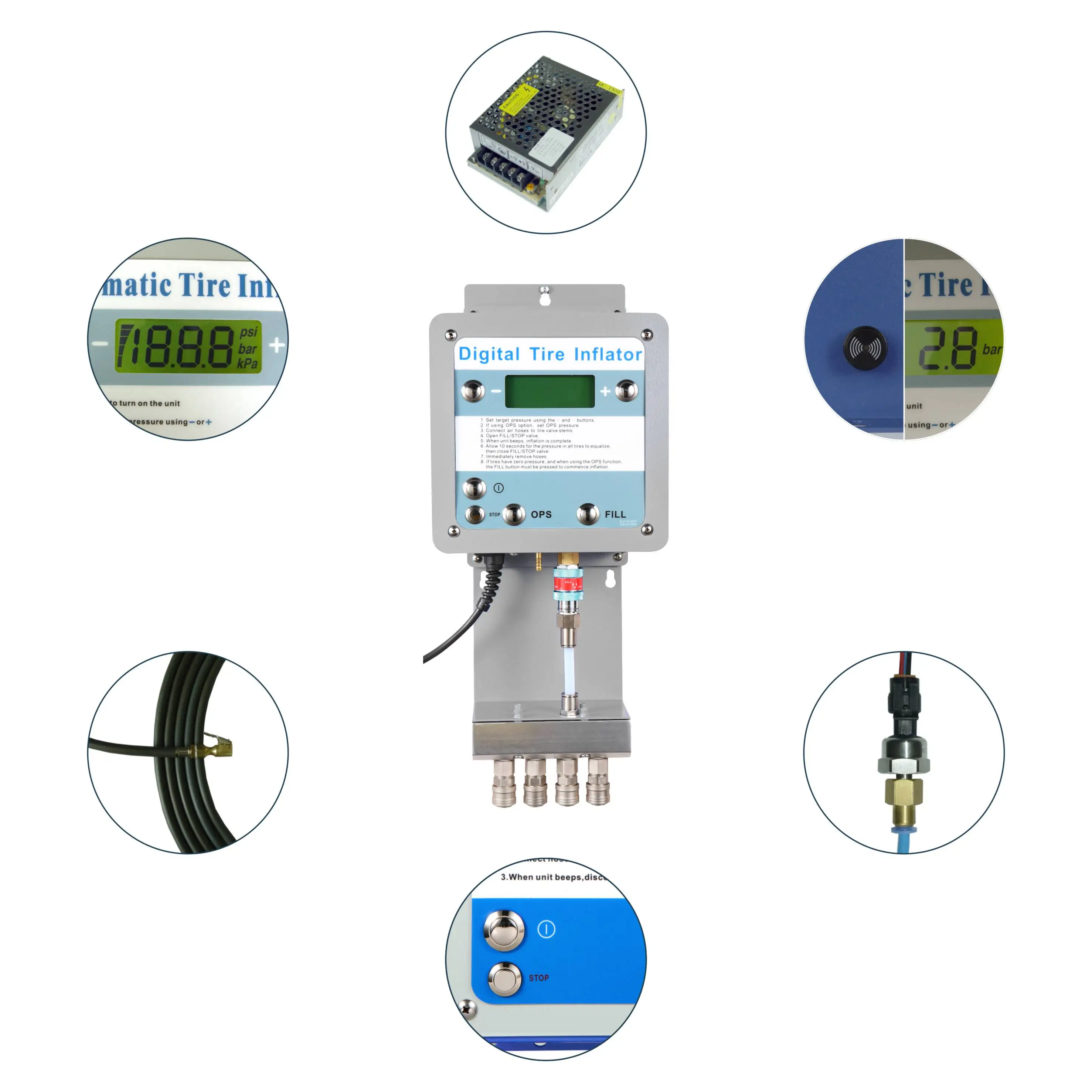 G5 CE Fully Automatic Digital Air Inflator Wall Mounted Tyre Inflator for 4 Workshops Tyres Tire Pressure Monitor Durable Metal