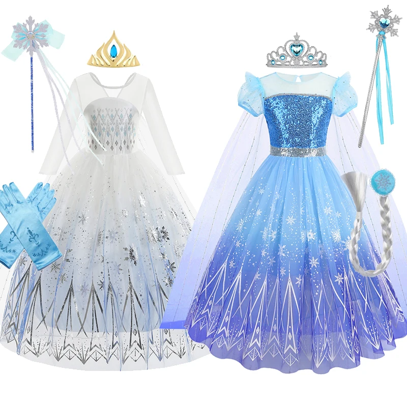 White Elsa Princess Dresses Girls Birthday Party Cosplay Costume Carnival Party Evening Gown Kids Clothing for 2-12 Years