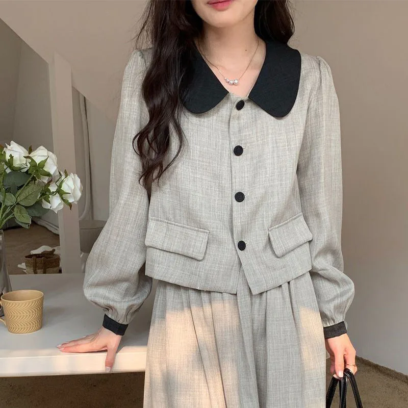 Spring Autumn Women Elegant Skirt Two Piece Set Turn-down Collar Crop Tops Short Jackets + High Waist A-line Pleated Skirts Suit