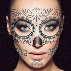 2Pcs Temporary Tattoos Waterproof Day of the Dead Face Tattos for Halloween Costume Party Supplies