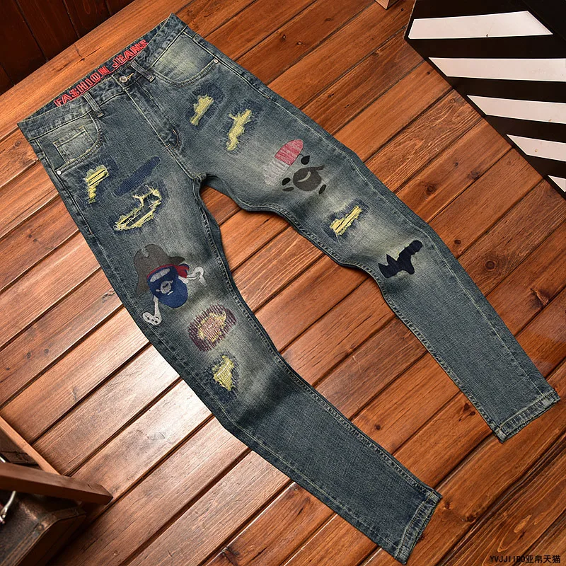 Fashion Ripped Jeans Men's Retro Straight Stretch Embroidery Patch Blue All-Match Street Men's Wear Fashion Rock Long Pants