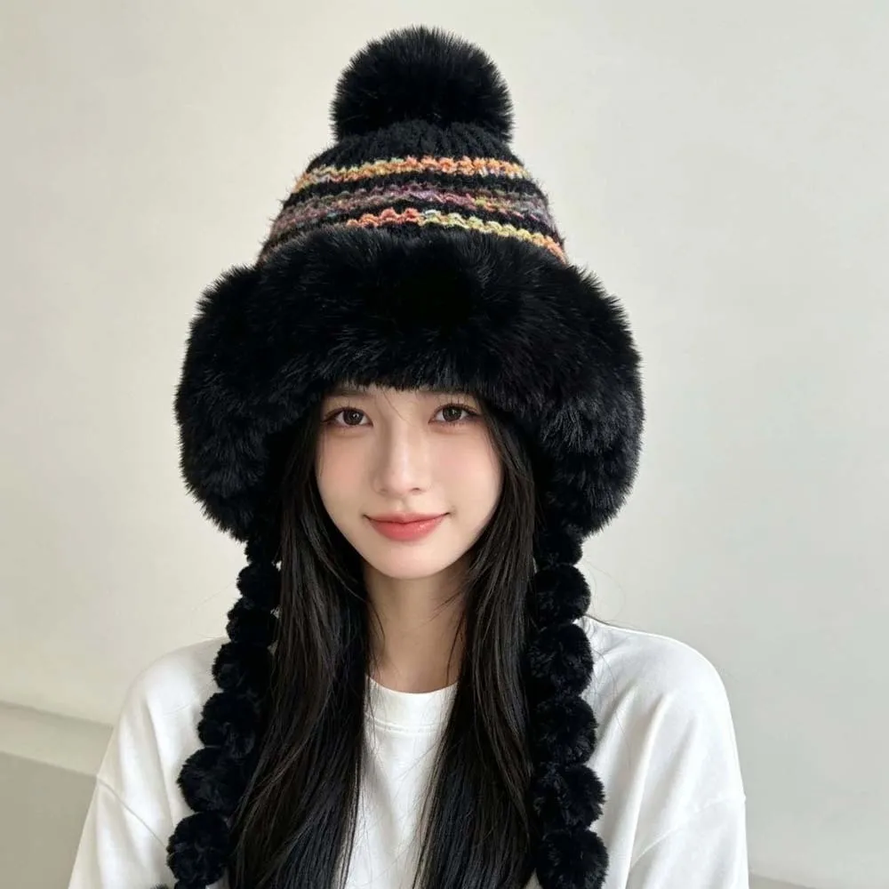 Fleece Lined Pompom Braids Hat Fur Brim Striped Knit Fleece Knit Beanie Soft Yarn Windproof Earflap Winter Cap Skiing