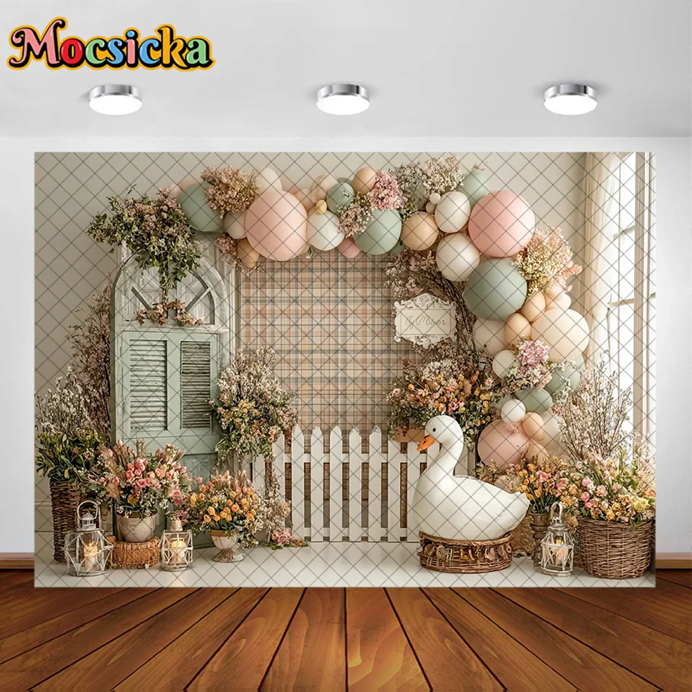 Mocsicka Spring Photography Backdrop Cute White Goose Balloon Decoration Baby Shower Easter Party Backgrounds For Photographs