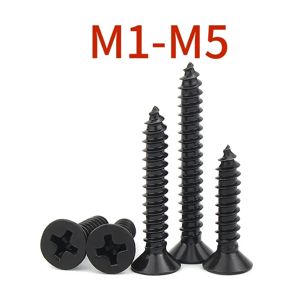 100Pcs/lot M1 M1.2 M1.4 M1.5 M2 M2.6 M3 M3.5 M4 M5 Cross Countersunk Flat Head Self-tapping Screw Black Phillips Carbon Steel