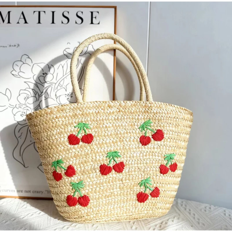 Kokosnuss-Stickerei Strohgewebte Strandtasche, Große Kirsch-Tragetasche, Damen Sommer Casual Urlaubstasche mit Schriftzug – Detail 12