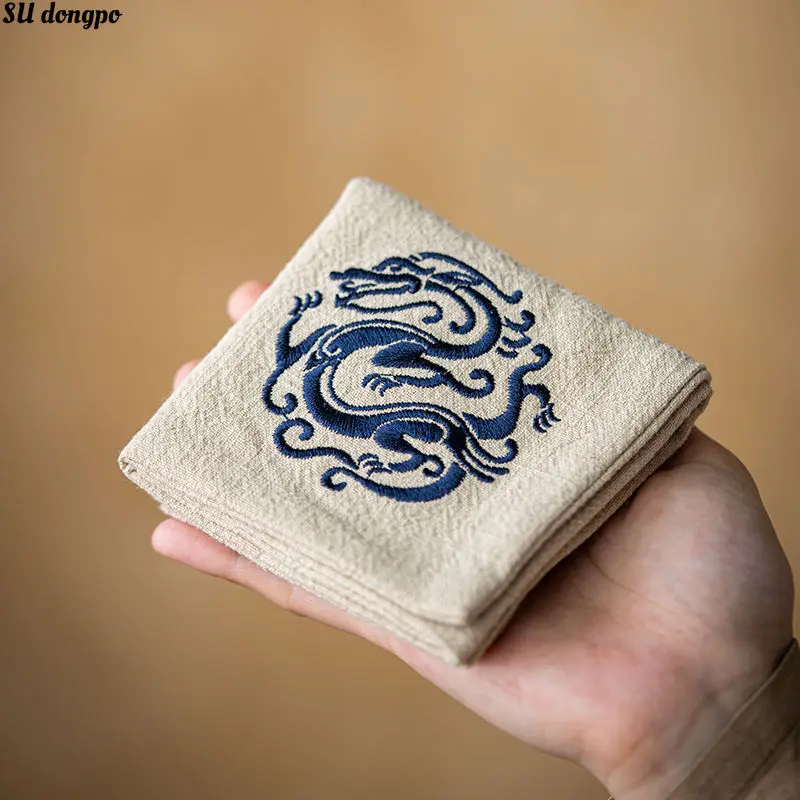 2024 Dragon Year New Embroidered Tea Towel Water Uptake Ramie Tea Cloth Chinese Kungfu Tea Ceremony Accessories