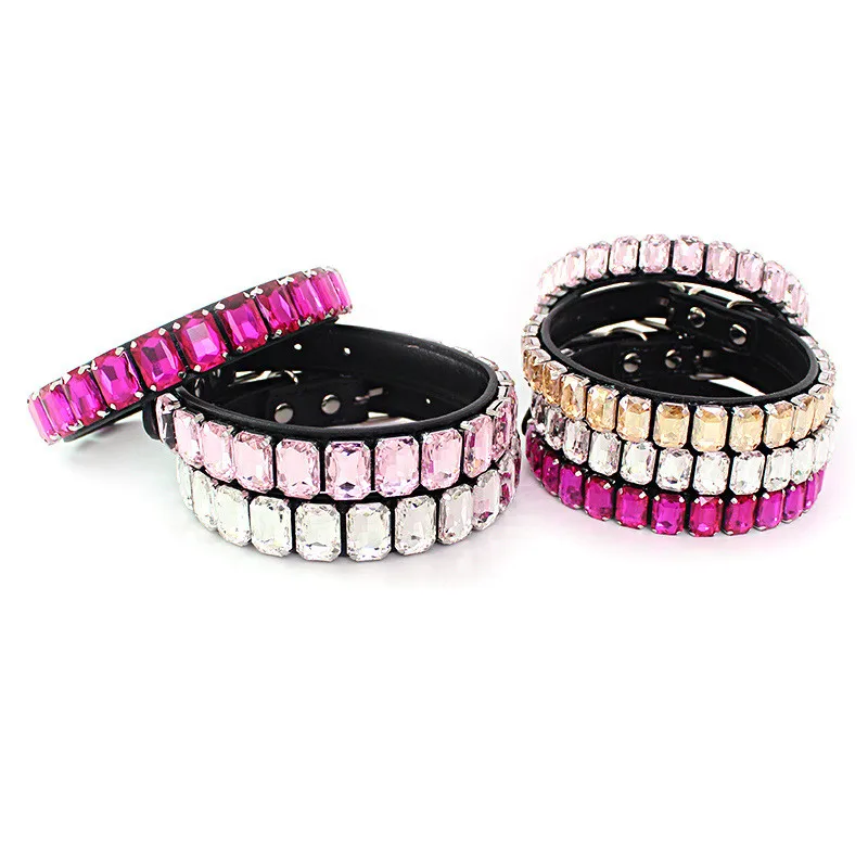 Bling Rhinestone Dog Collars Pet PU Leather Glass Crystal Diamond Puppy Pet Collar Pink Blue Collars Leashes for Dog Accessories