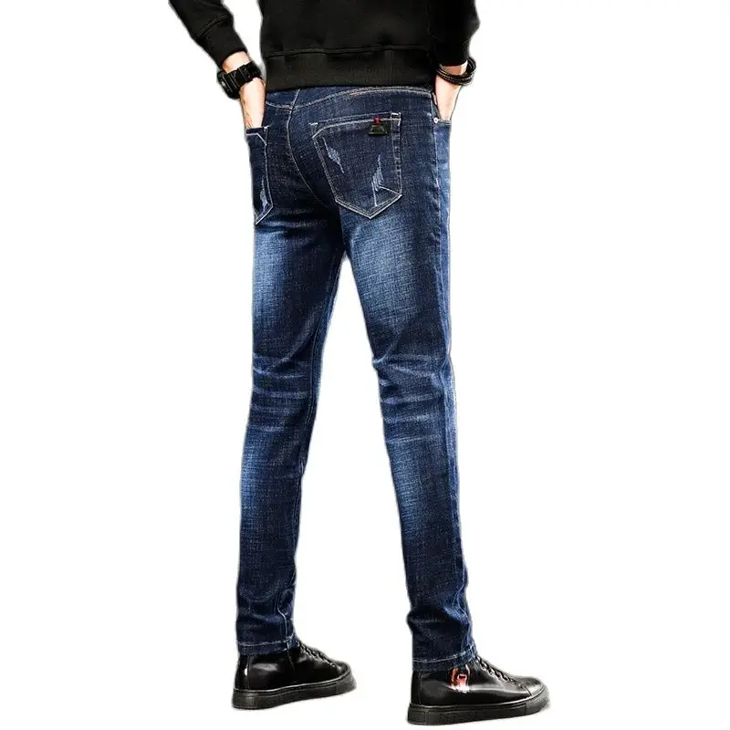 2025 New Youth Slim Jeans Blue Casual Stretch Denim Pants Pockets With Scratch Decoration 28-36 Size Can Choose