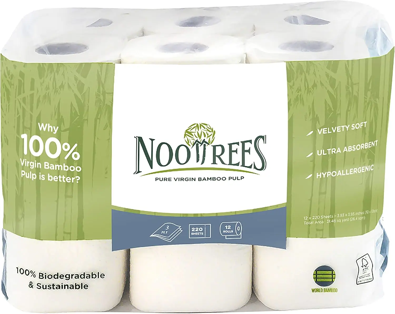 

Eco-Friendly Bamboo Toilet Paper, 100% Biodegradable, Sustainable & FSC Certified, 3-Ply, 12 Rolls (220 Sheets Each)