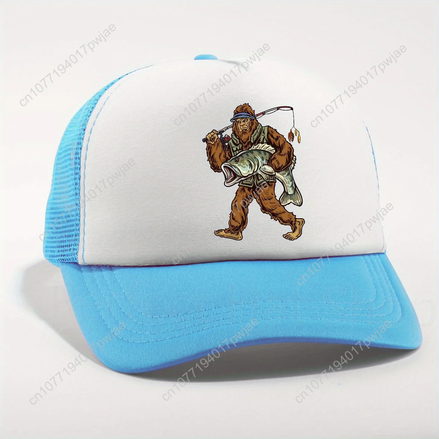 Gorra de béisbol ajustable con estampado de Sasquatch de pesca: sombrero ligero de poliéster con paneles de malla transpirable para actividades al aire libre