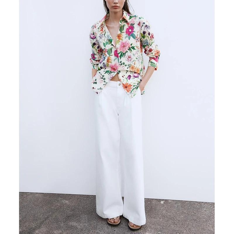 Primavera nuove donne casual lungo Sve colletto rovesciato stampa floreale seta irt pendolari Faion fibra di poliestere 00%